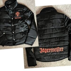 Jaegermeister puffer jacket coat, satin, embroidered, zip and snap front Sm